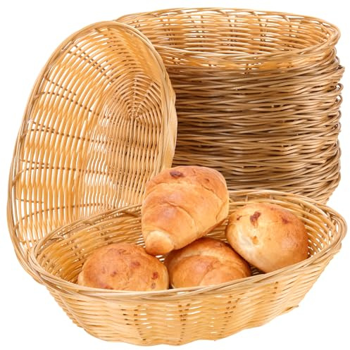 PUCSIQ 12 Stück Brotkorb Geflochten, Weidenkorb oval, 23x15x6,5cm, Kunststoffgeflecht Aufbewahrungskorb, stapelbare, Brotkörbchen, Servierkorb für Obstkorb und Snacks, Braun