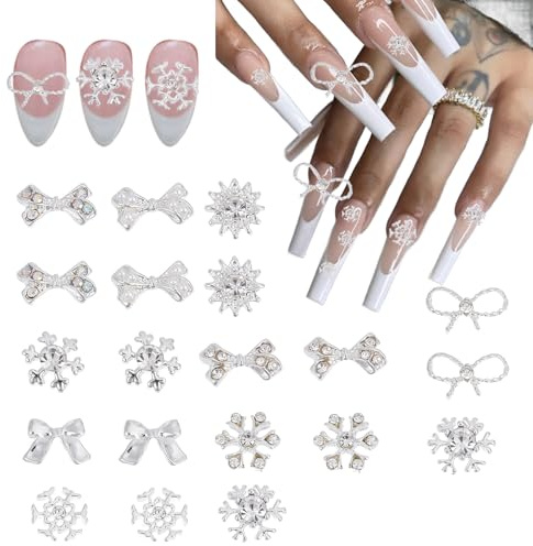 NICENEEDED 20 Pieza 3D Adornos Navideños para Uñas, Lazos de Copos de Nieve para Uñas, Joyas Navideñas de Aleación Invernal con Cristales Brillantes