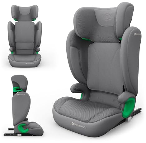Kinderkraft JUNIOR FIX 2 PRO Kindersitz 100–150 cm, Verstellbare Kopfstütze, H-GUARD, SPS, ISOFIX und Gurtmontage, Atmungsaktiver AIR FLOW Bezug, Einfaches Anschnallen, Grau