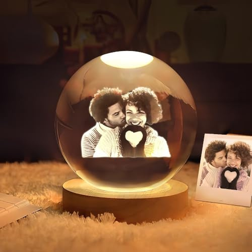 Esfera De Cristal Con Foto Grabada En Vidrio 2D Personalizada, Texto Personalizado Con Base De Madera, Luz Nocturna Con Ambiente De Bola De Cristal, Marcos De Mesa,bodas, Graduaciones(8cm/3.15in)