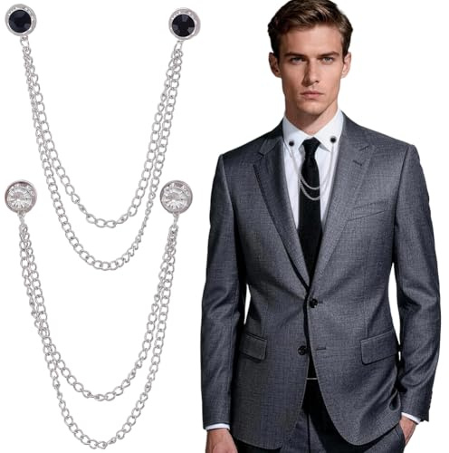 craspire 2 Couleur Chaîne Épinglette Gland Suspendu Broche Strass Cristal Broches Costume Argent Chaînes Badge Noir Transparent pour Hommes Cravate Smoking Réunion d'affaires Banquet Noir Transparent