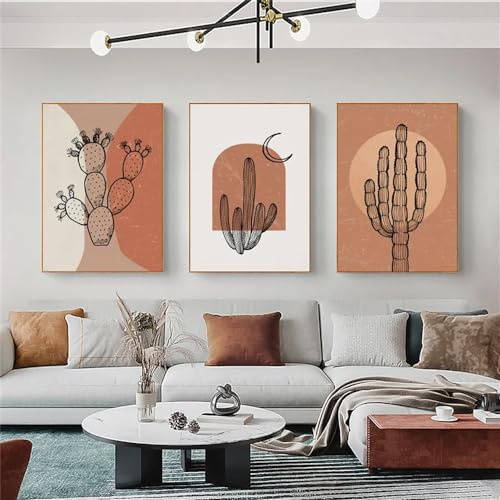 3 Imágenes Set-Póster Clásico Vintage de Arte Mural Abstracto Geométrico Con Bloques de Color Luna Cactus Estampado Decoración Hogar Sala de Estar Oficina Dormitorio-40*60cm=16*24 pulgadas(sin marco)