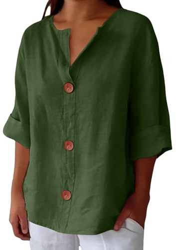 Nidddiv Camiseta túnica para mujer, manga 3/4, tallas grandes, blusa de lino, cuello en V, blusa con botones, informal, holgada, blusas de verano, sueltas, básicas, para mujer, verde1, L