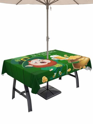 Outdoor Table Cloth with Umbrella Hole and Zipper,St. Patrick's Day Waterproof Rectangle Tablecloth 60x84,Lucky Shamrock Gnomes Beer Coin Wood Green Table Cover for Outside Party Patio Picnic