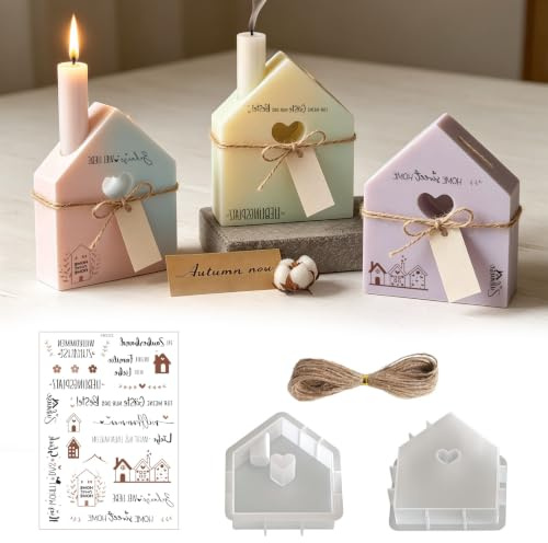 Vordpe Stampi in silicone, stampo in silicone a forma di casa portacandele con cuore, stampo a forma di casa in gesso con adesivo a trasferimento d'acqua e corda di iuta da 5 m, per decorazioni