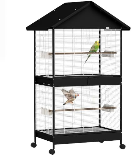 PawHut Volière avec séparateur Amovible pour canaris 94x70x158cm | Grande cage à oiseaux, 2 portes 2 perchoirs en bois, roues 2 bols 4 mangeoires, maison XXL, cage à oiseaux, pour perruches