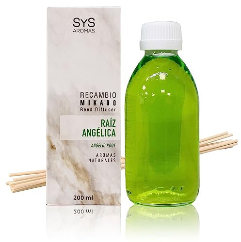 SYS Aromas Ambientador Recambio Mikado Raíz Angélica - Aroma Herbal y Balsámico - Recarga para Difusor con Varillas - Larga Duración - Ideal para Hogar, Oficina, Baño - 200 ml con 8 Varillas