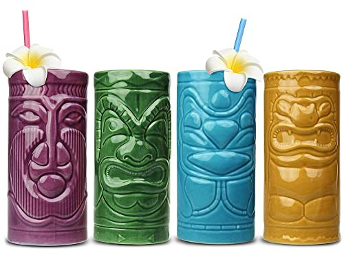 Monsterzeug Tiki Becher Set: Bunte Tiki Gläser aus Keramik, Hawaii Cocktailgläser für Tiki Bar, Cocktailbecher und Party-Deko, Tiki Glas ca. 14 cm x 6,5 cm