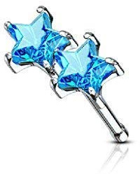Tapsi´s Coolbodyart® Nasenpiercing Nose Stud gerade Chirurgenstahl 316L Silber 6mm Zirkonia Doppelstern Aqua-Blau