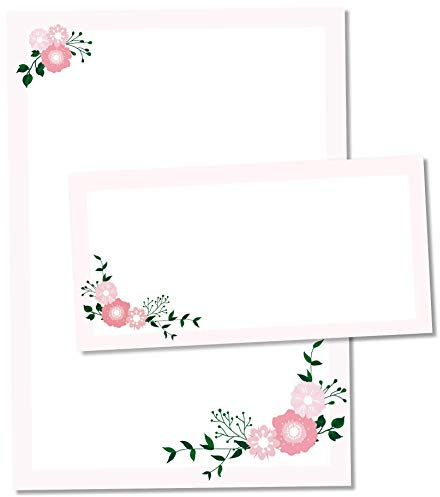 TYSK Design Briefpapier Modern Blumen (Design wählbar) 50 Blatt DIN A4, 25 Umschläge - Papier-Set mit Motiv, Schreibpapier, Designpapier für Briefe, Notizen