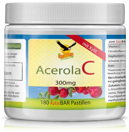 Get UP® Acerola Vitamin C 300mg Lutschpastillen mit Bioflavonoiden & Kirschgeschmack, 180 Stk | Acerolakirschpulver & bioaktive Bioflavonoide | zuckerfrei & zahnfreundlich mit Xylit gesüßt