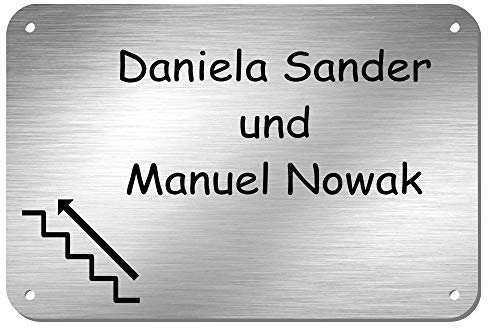 Edelstahl Türschild Namensschild Hinweisschild mit Treppe, Pfeil und individueller Laser-Gravur * Modell Sander (150 mm x 100 mm)