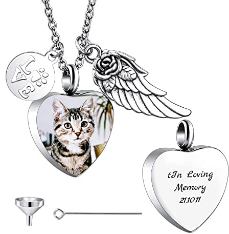 MunkiMix Collier Personnalisé pour Cendres, Imprimé Patte Pendentif Urne Cœur, Nom de Photo Gravé, Bijoux Funéraires Chien Chats, Souvenir Commémoratif de Crémation avec Ailes d'ange