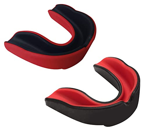 Protector bucal deportivo, 2 piezas, boxeo, adultos, protector bucal deportivo, protector bucal para artes marciales, boxeo, rugby y hockey, con caja, negro y rojo