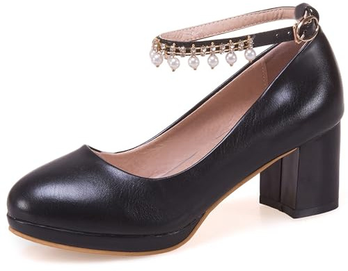 Décolleté con Tacco Largo da Donna, Pompe del Tallone Medio Punta Rotonda Fibbia Scarpe da Sera con Plateau con Cinturino alla Caviglia Beaded Eleganti Scarpe da Festa Qreygg Nero Numero 31 EU