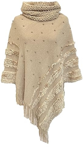 Rayson Pärla Cape Kvinnor Vinter Polokrage Poncho Stickad Poncho Höst Vinter, Khaki, one size