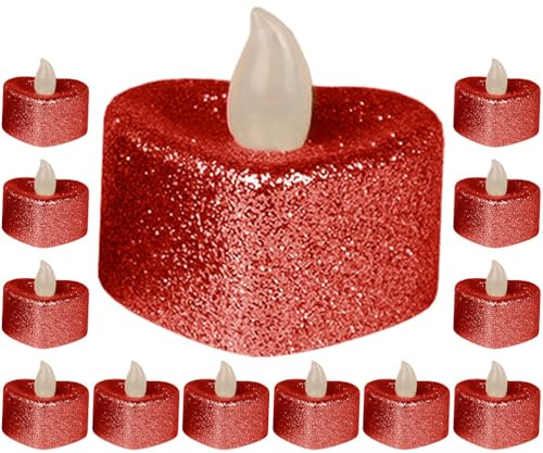 Mikikit 24 Stück Herzförmige Flammenlose Led Teelichter Mit Glitzer in Rot – Elektrische Kerzen Für Romantische Anlässe Hochzeiten Partys Und Feste