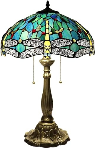 Kinbolas Tischlampe Im Tiffany-stil 16 Zoll Blaue Libelle Art deco beleuchtung Handgefertigte Buntglaslampenschatten Nacht Nachtte Schlafzimmerlampe,Wohnzimmer Tischdekoration Licht