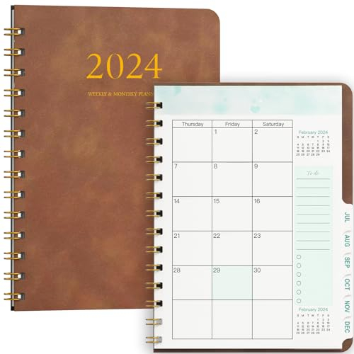 2024 Planer, A5 Softcover Tagebuch mit Monatsregistern, Terminplaner Ringbuch – Terminkalender (Jan.2024-Dez.2024), Planer 2024 – Braun