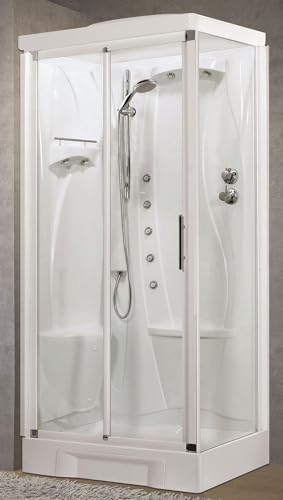 Novellini New Holiday 2P+F Hydromassage Dach Duschkopf 100 x 70 cm Duschkabine Multifunktions-Öffnung Schiebeöffnung linker Sitz Mechanische Mischbatterie Glas Transparent Profil Weiß H 217,5 cm