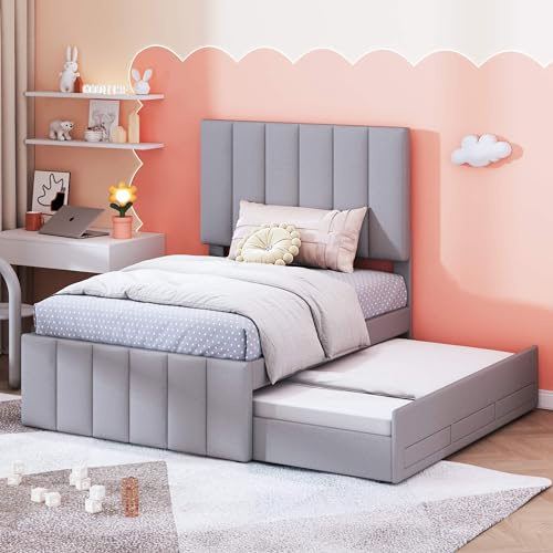HYUB Polsterbett 90 x 200cm mit Stauraumschubladen und Lattenrost, Kinderbett Einzelbett mit Rückenlehne und Ausziehbett, Hausbett für Junge und Mädchen, Ohne Matratze, Grau