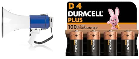 Nedis - Megafono - Microfono Staccabile - Sirena Integrata - 25 W - Tracolla & Duracell Batterie Plus D (pacco da 4) - Alcalina 1.5V - Fino al 100% di extra durata