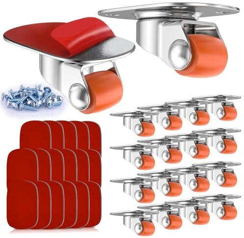 COOWOO 0.75 Oval Plate Self-Adhesive Caster Wheels, 360° Swivel, Strong Nano Adhesive, Steel Plate, 30 Lbs Load Capacity Per Caster, Easy Install, Pack of 16