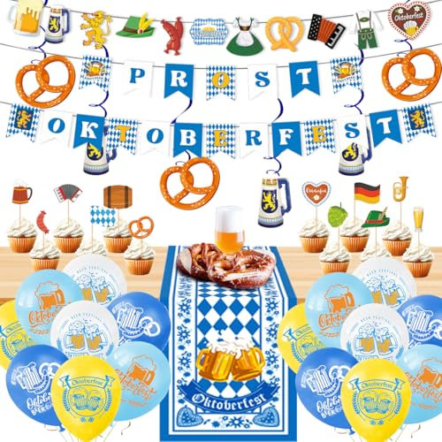 Oktoberfest Deko Set, Oktoberfest Banner Bayerische Deko Party, oktoberfest Wimpelkette Girlande Cake Topper luftballons Dekorationen, Oktoberfest Bayrische Deko