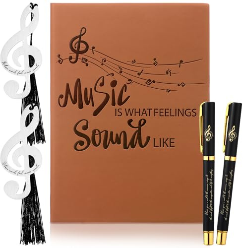 Thenshop 5 Pcs Music Lover Gifts for Women Men Music Teacher Appreciation Gifts Leather Notebook with Pens and 2 Bookmarks for Friend Musicians Piano Teacher Appreciation Birthday