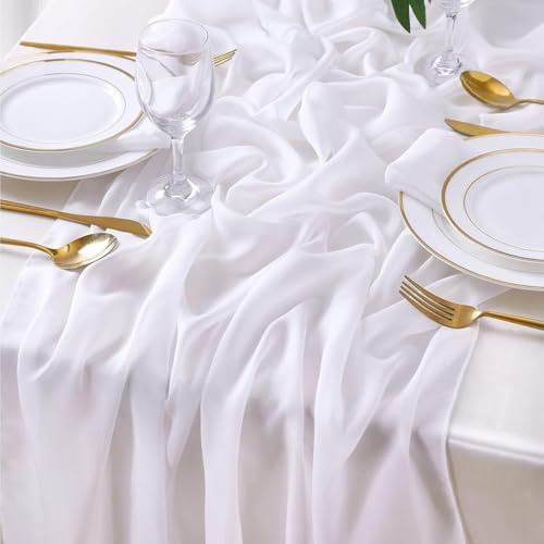 BrillShine Weiß Tischläufer 2 Stück 70x300 cm Chiffon Dünner Transparent Tischläufer Tischband, Edle Tischdeko für Hochzeiten Outdoor Geburtstag Party Küchendekor
