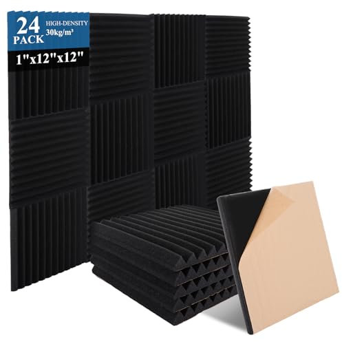 SHUESS Paquete de 24 paneles a prueba de sonido, cuñas de 12 x 12 x 1 pulgadas, paneles de espuma acústica autoadhesivos, paneles negros de alta densidad a prueba de sonido para paredes, paneles