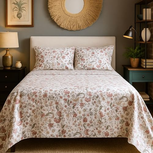 Juego de Sábanas Blancas100% Algodón Estampado Floral Verde Primavera – 3 o 4 Piezas (Bajera + Encimera + 1 o 2 Fundas de Almohada) – Suave, Transpirable y Alegre – Varios Tamaños (CAMA 135 CM)