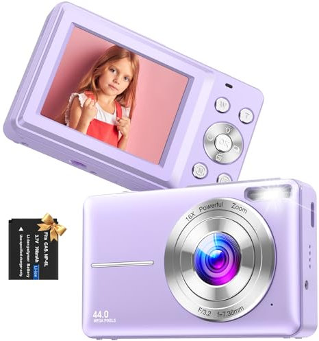 Digital Camera, Vlogging Camera Rechargeable Portable Mini Cameras FHD 1080P 44MP Compact Cameras with 16X Digital Zoom, with 1 Battery for Teens,Kids,Beginners（Purple）