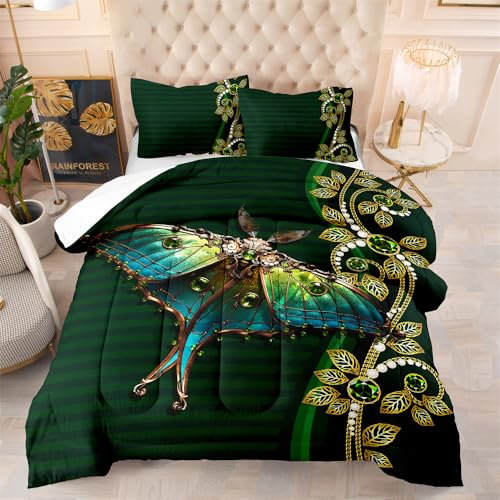 Bettdecke 140X200 Grüner Schmetterling Bettdecken 200Gsm,Dünne Und Leichte Duvet,4 Jahreszeiten Bettdecken,Weiche Mikrofaser Bettdecke Mit 2 Kissenbezüge,Warm Steppbettdecke Für Allergiker