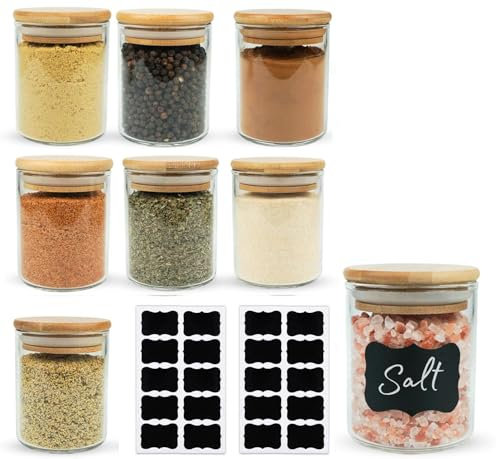 LATRAT Set di 8 barattoli per spezie da 250 ml, con coperchio, in bambù, con coperchio in vetro, rotondi, con etichette