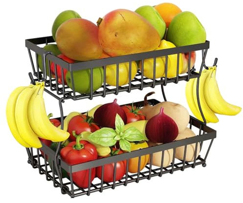 Yeqqzq 2 Tier Fruit Basket, Detachable Metal Organizer, Large Capacity Rectangular Storage Stand Bowls for Vegetable Bread Snack Produce Storage