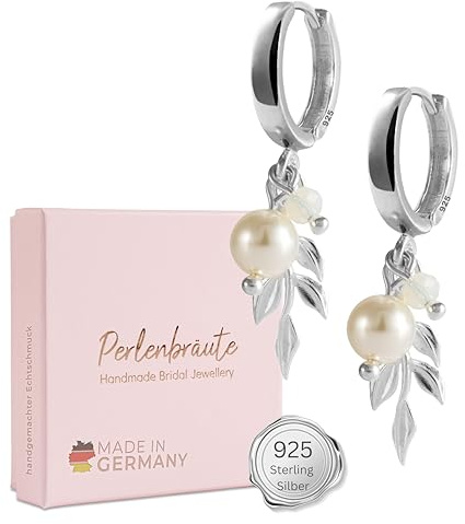 Schmuck mit Perlen Hochzeit – premium 925 Silber Schmuckset & Ohrringe Braut – hochwertiger Brautschmuck Perlen – Damen Schmuck gold Braut – Brautohrringe, Schmuckset Hochzeit Blatt