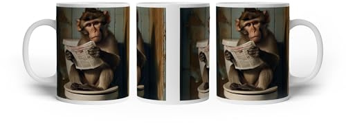 Tasse à motif de lecture du matin dans le style jungle – Singe sur le trône des toilettes 300 ml en céramique blanche / tasse à café / idée cadeau