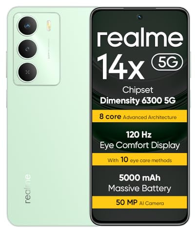 realme 14X 5G Smartphone 6+128 GB, Dimensity 6300 5G, Display 120 Hz, Stoßfestigkeit in Militärqualität, 50 MP KI-Kamera, 5000 mAh langlebiger Akku, Grün