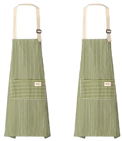 YSDINK 2 Pack Unisex Stripe Apron with Adjustable Straps, Cotton Canvas Apron with 2 Pockets for Cooking, Baking, BBQ, Gardening, and Home Cleaning, Ideal for Chefs and Home Enthusiasts (Green)