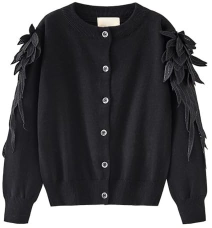 Mjjsk Cardigan tricoté à manches longues boutonné pour filles - Pull d'école tendance décontracté - Col rond - Automne et hiver - Vêtements d'extérieur pour enfants, Noir , 9-11 ans