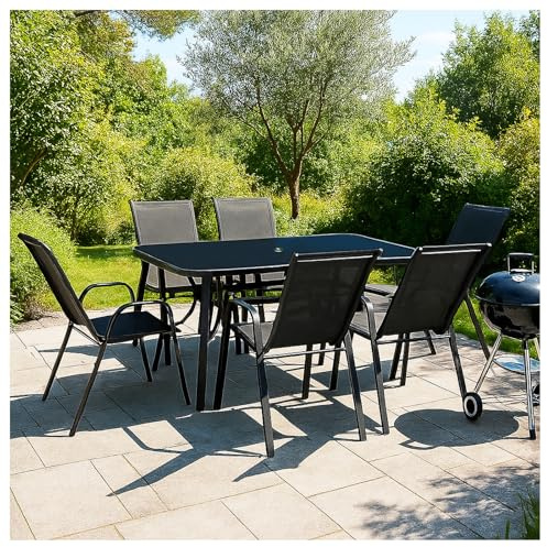 VORTIVO 7-teiliges Gartenmöbel Set | Sitzgruppe Essgruppe für 6 Personen – Tisch mit Glasplatte Stühle stapelbar – wetterfeste Essgruppe für Garten, Balkon & Terrasse – Schwarz
