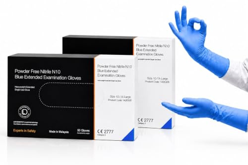 Long Cuff Nitrile Gloves XL Blue Pack of 100 Heavy Duty Powder-Free | Latex free with extended forearm coverage, textured grip, for washing up, industrial handling, medical rounds and cleaning