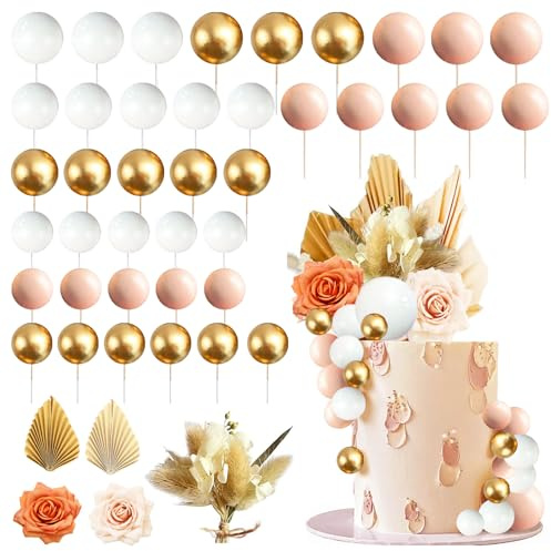 45 Pcs Pink Cake Decorations, Ball Cake Insert Decoration | Palm Leaves Cake Topper, Flower Cake Topper, Dried Flowers for Boho Decor for Wedding Baby Shower Birthday Party