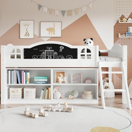 FammyLoft 3ft Single Kids Wooden Bed with Storage Cabinet and Blackboard for Graffiti, Mid Sleeper Beds with Two-step Ladder for Kids, Pine+MDF, White(No Mattress)