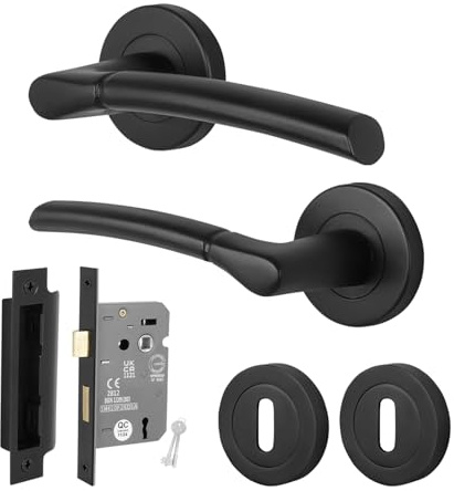 EAI Matt Black Door Handles with Sash Lock 64mm - Bova | Complete Key Lock Kit with 1 Pair of Lever on Rose Door Handles, 64mm Sashlock and Escutcheons, Fixings Included