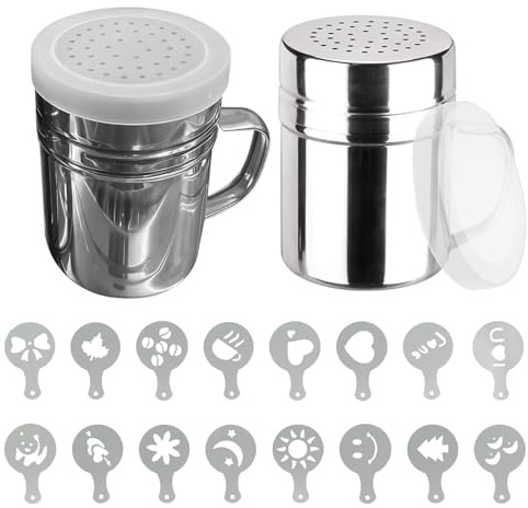 2Pack Chocolate Shaker Stainless Steel,Powder Sifter, Sugar Salt Shaker, Coffee Sprinkle, with 16 Coffee Stencils for Cake Decorating, Syrup,Cream,Cocoa,Cappuccino