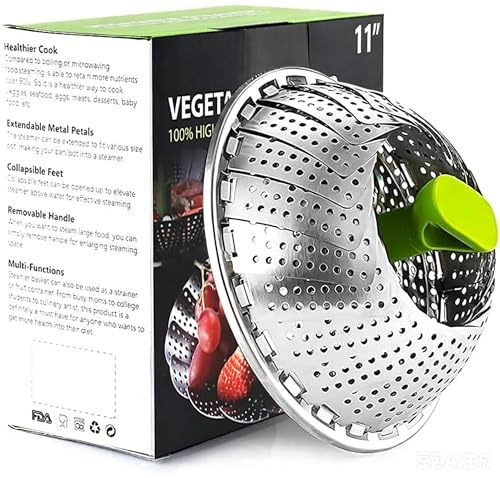 BetterJonny Inserto per cottura a vapore, cestino pieghevole per verdure in acciaio inox, inserto per vapore, inserto per vapore con manico estensibile anti-caldo, gambe antiscivolo (da 18 cm a 28 cm)