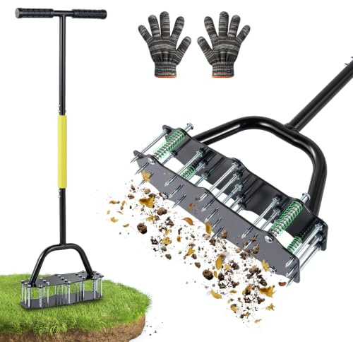 wowspeed Aireador de césped manual con 17 puntas de acero y muelles, escarificador de mano con mango en T, aireador para césped, aireador de césped, escarificador para suelos compactados, cuidado del