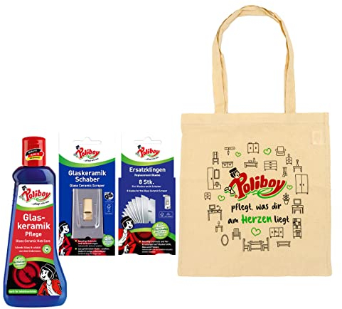 Poliboy Glaskeramik Schaber, Ersatzklingen für Glaskeramik Schaber und Glaskeramik Pflege (200 ml) + Tasche